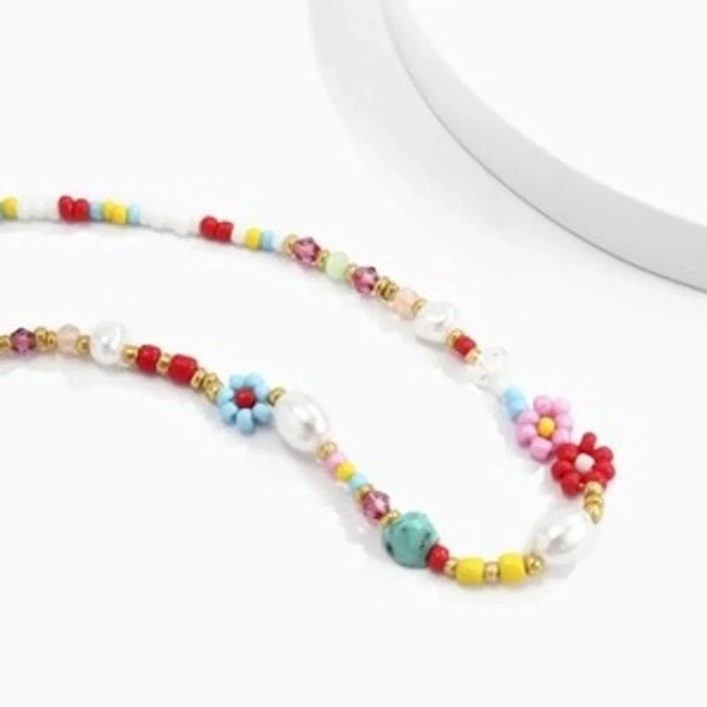Beaded Necklace Colorful Flower Pearl Accent Trendy Funkycore Y2K - Picture 3 of 4